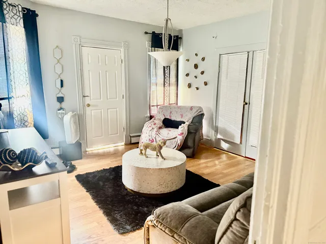 a living room with furniture and a wooden floor
