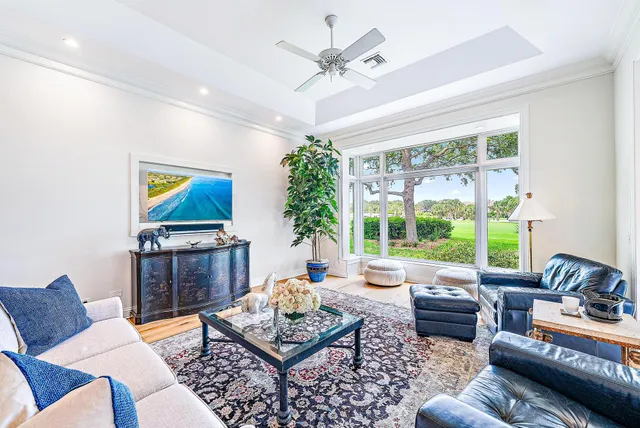 a living room with furniture a rug potted plant and a large window