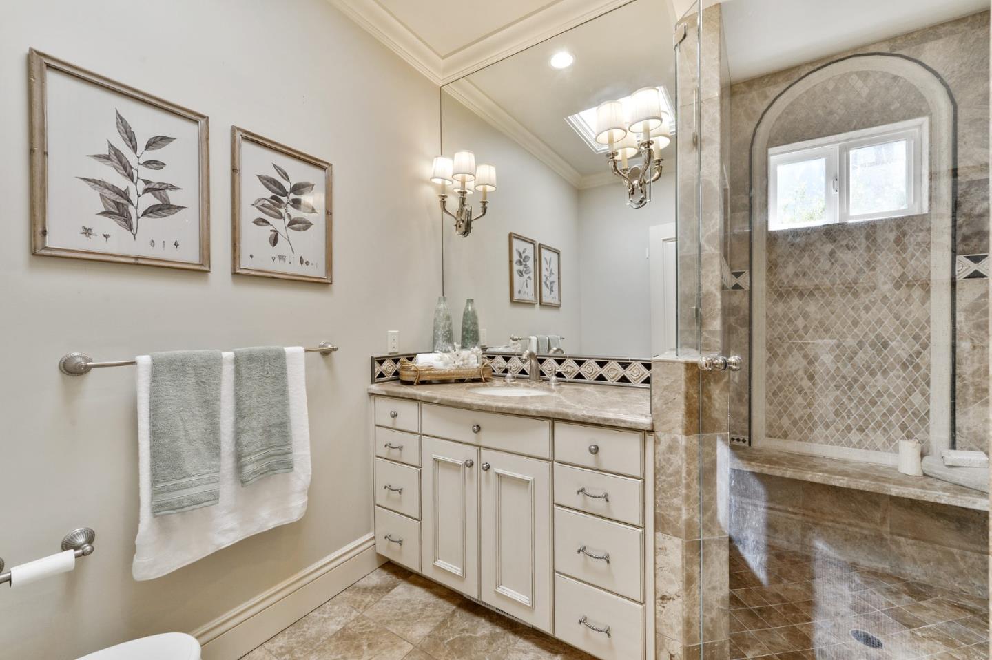 60 Holbrook Lane Atherton, CA 94027 - Photo 18 of 29 a bathroom with a granite countertop sink a toilet a large mirror and shower