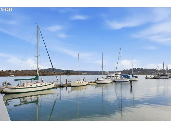 a view of a lake with chairs