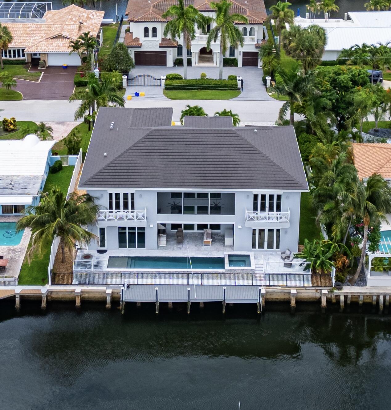 an aerial view of a house with a garden