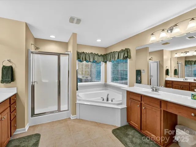 a bathroom with a tub sink shower and mirror