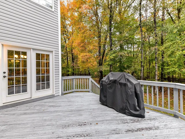 a view of a backyard with large trees