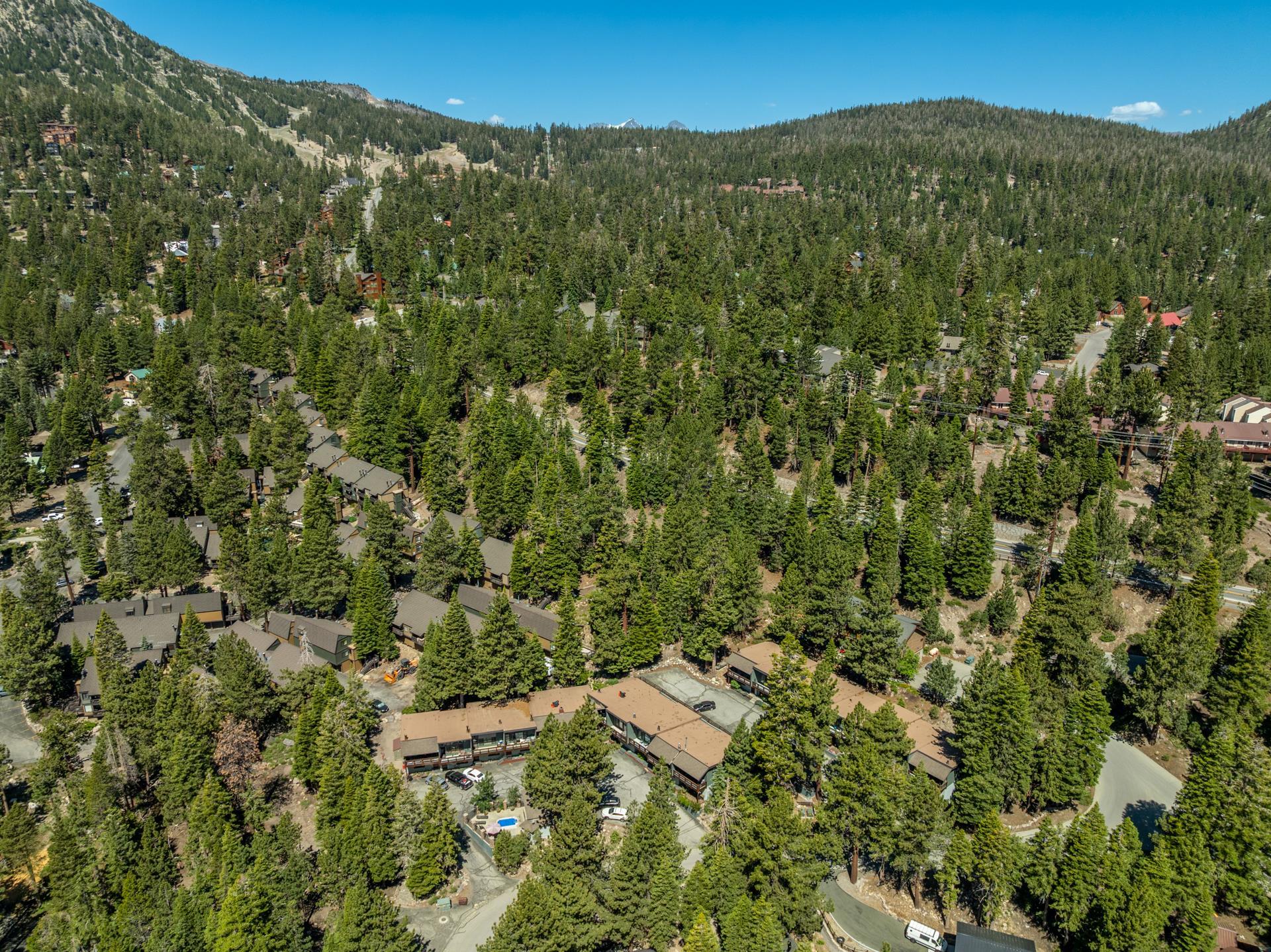 50 Hidden Valley Road, Unit 17 Mammoth Lakes, CA 93546 - Photo 39 of 40 Aerial perspective showcasing multiple residential buildings nestled within a dense pine forest