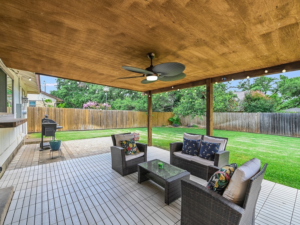 a patio view with a seating space