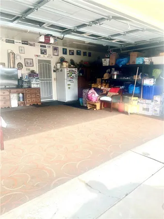 a view of a garage with storage