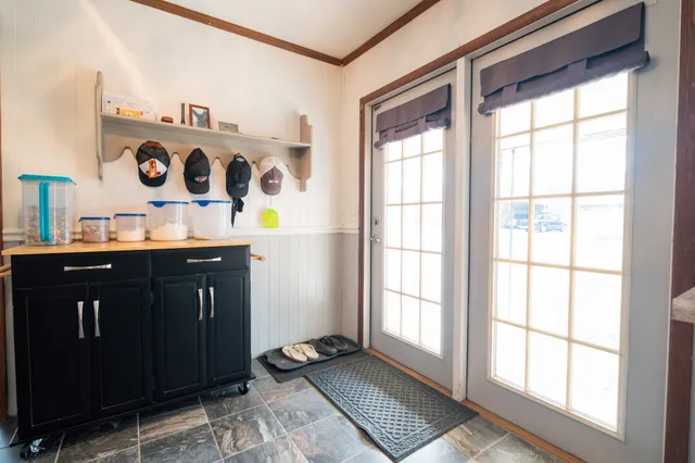 a view of a dry yard with trees