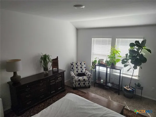 a bed room with furniture and a potted plant