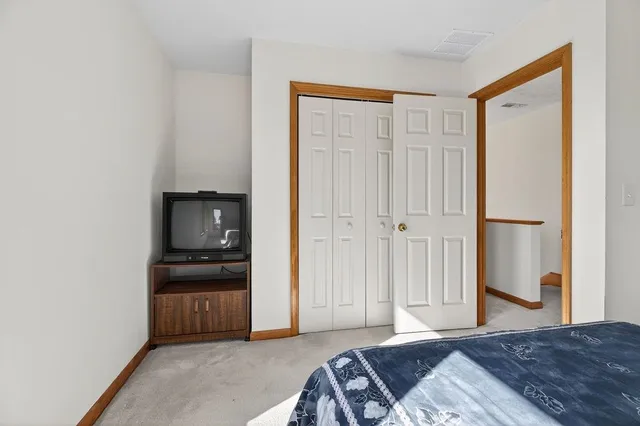 a bedroom with a bed and a closet