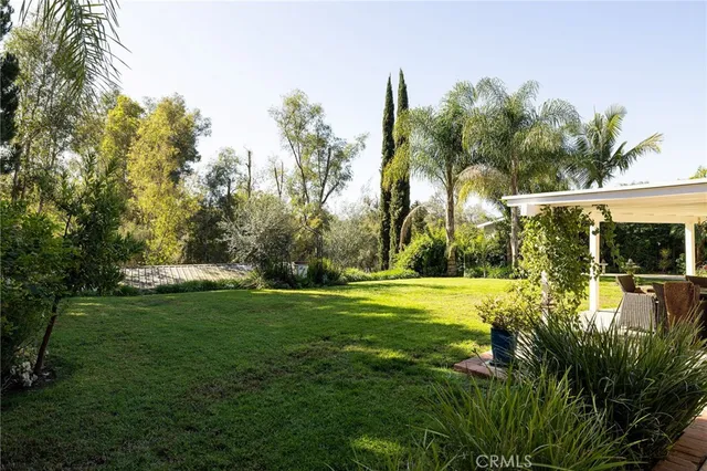 a view of a swimming pool with a garden and trees
