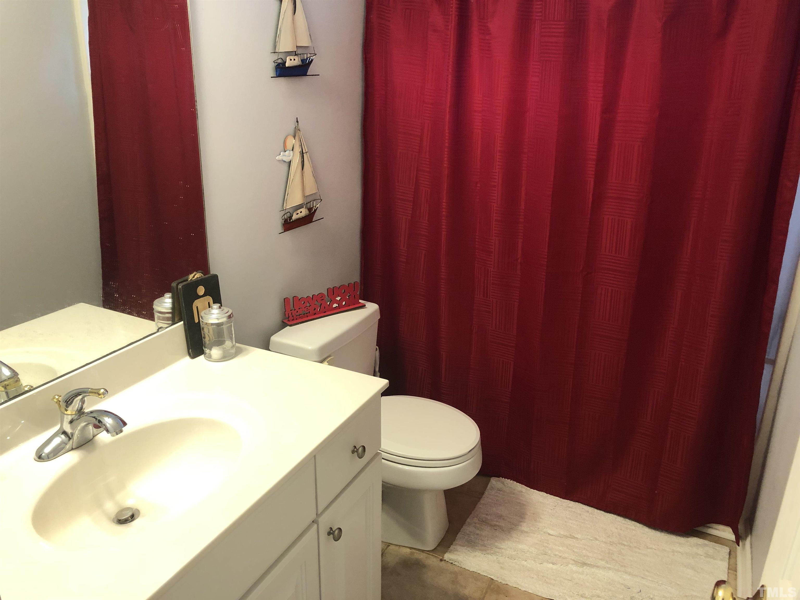 437 Seastone Street Raleigh, NC 27603 - Photo 23 of 30 a bathroom with a sink a toilet and shower curtain