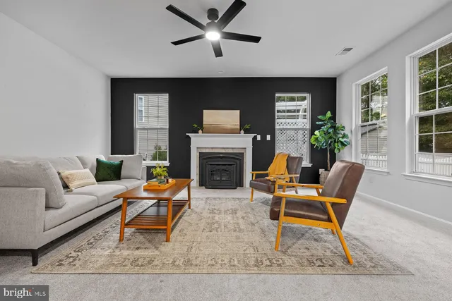 a living room with furniture a rug and a fireplace