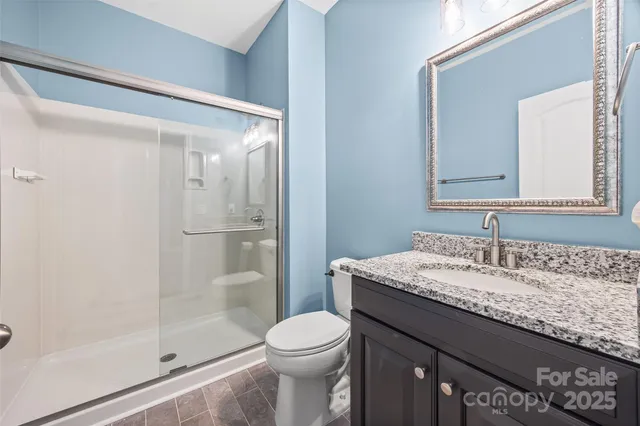a bathroom with a granite countertop sink toilet and shower