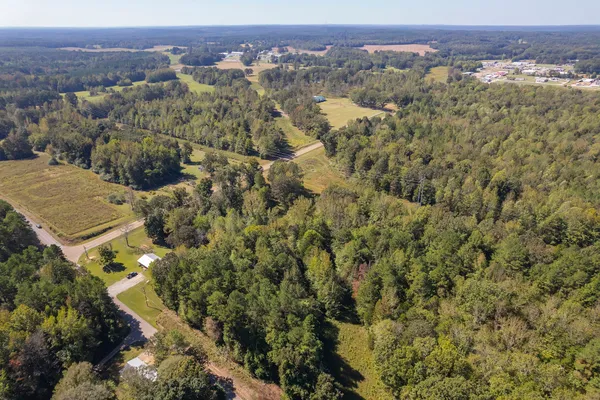 an aerial view of a houses with a street and trees