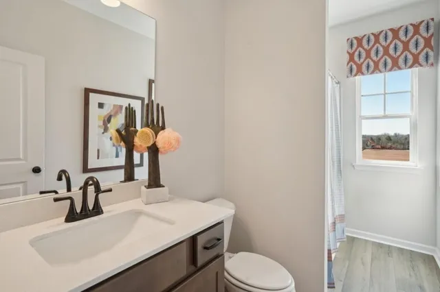 a bathroom with a sink vanity and toilet