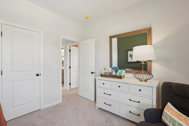 a bedroom with a bed and a dresser in it