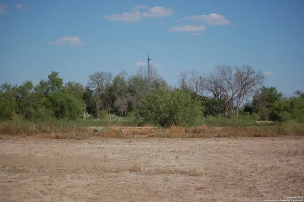 a view of a field with trees in background