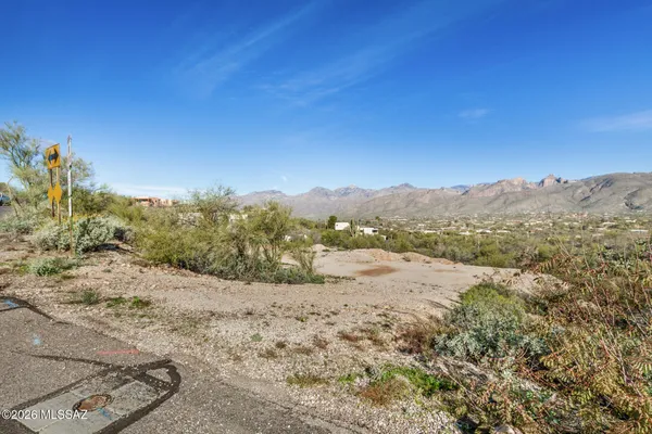 a view of a dry yard with mountains in the background
