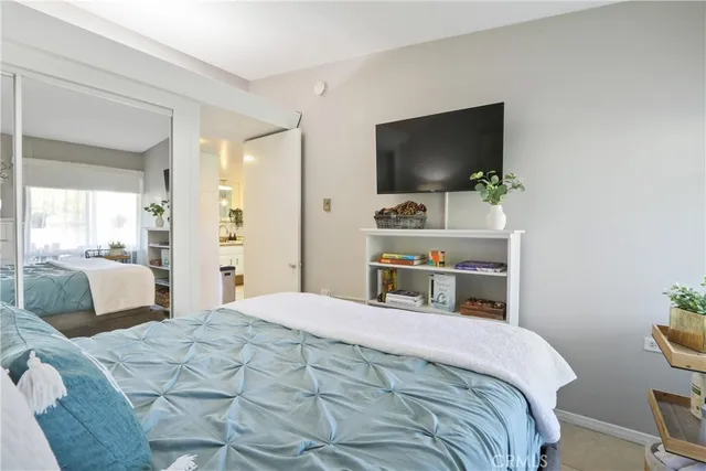 a bedroom with a bed and a flat screen tv