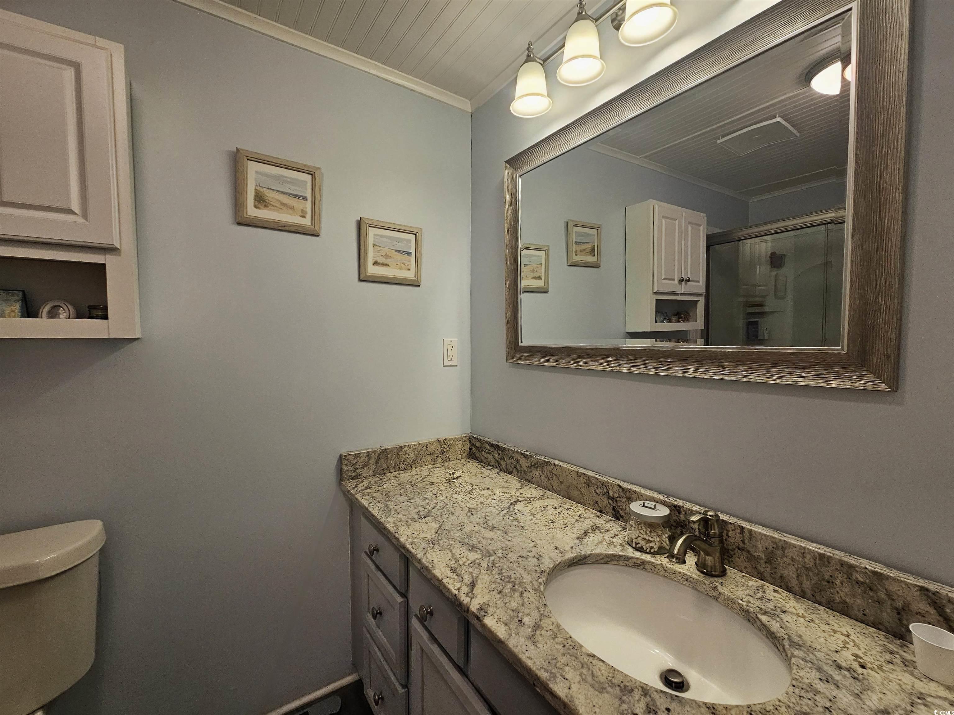 355 Meadowlark Surfside Beach, SC 29575 - Photo 16 of 39 Bathroom with crown molding, vanity, and a stall shower