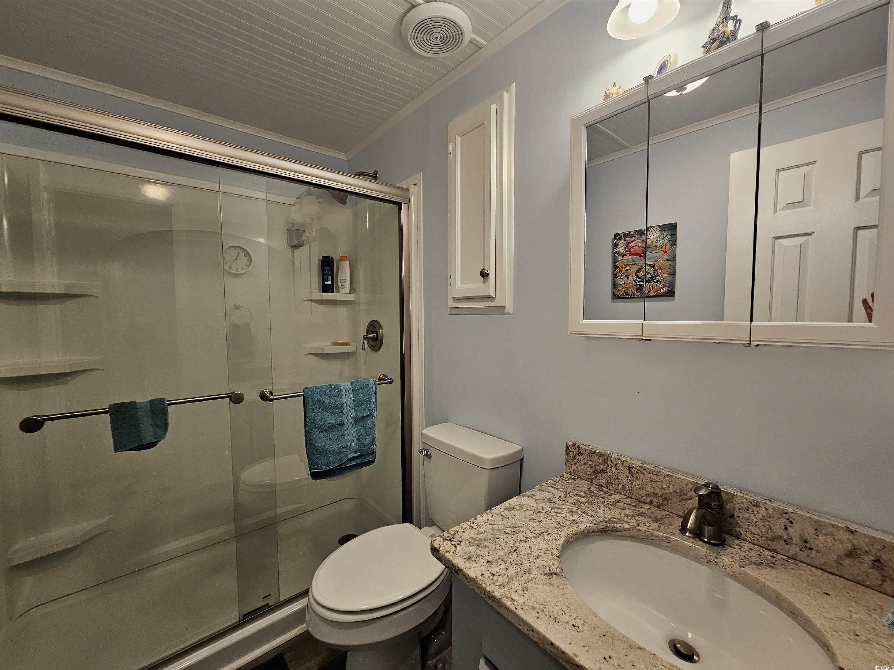 355 Meadowlark Surfside Beach, SC 29575 - Photo 19 of 39 Bathroom featuring vanity, a shower stall, and ornamental molding