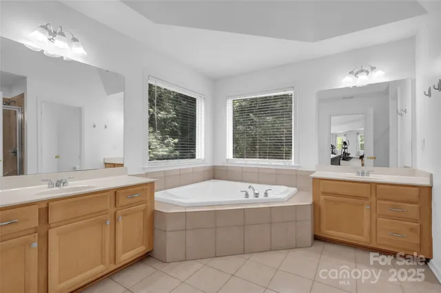 a bathroom with a tub a sink double vanity and a mirror