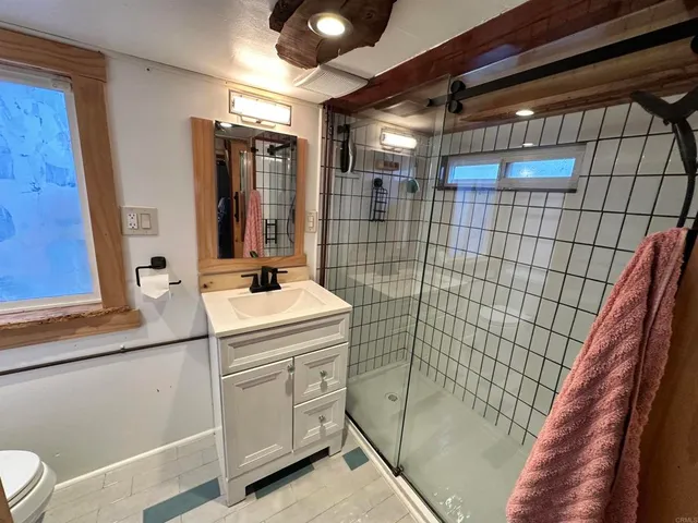 a bathroom with a sink a toilet and shower