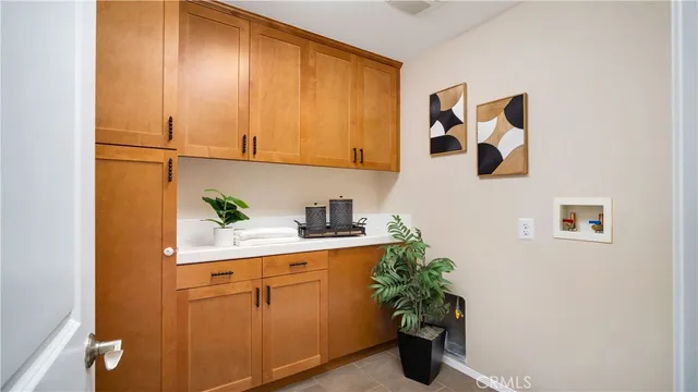 a kitchen with a cabinets and a potted plant