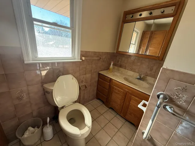 a bathroom with a toilet mirror and vanity