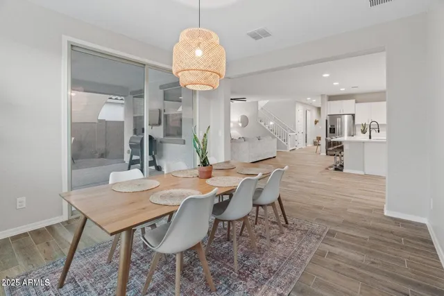 a view of a dining room with furniture