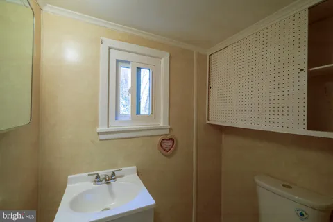 a bathroom with a sink a toilet and mirror