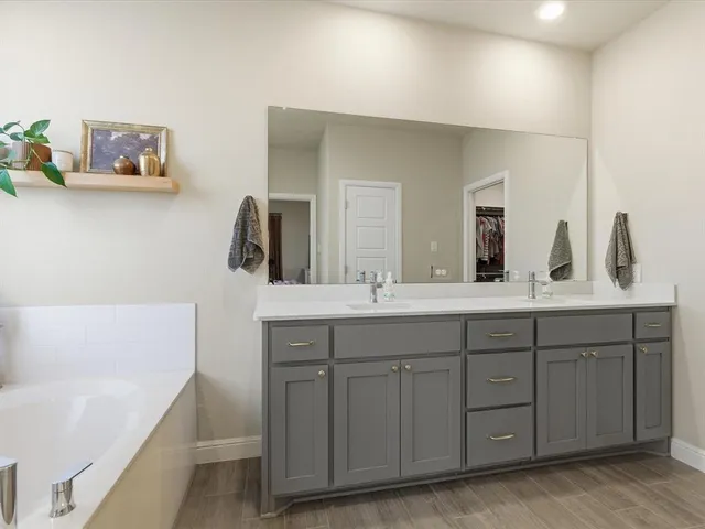 a bathroom with a double vanity sink a mirror and a bathtub