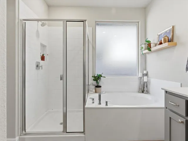 a bathroom with a bathtub and a shower