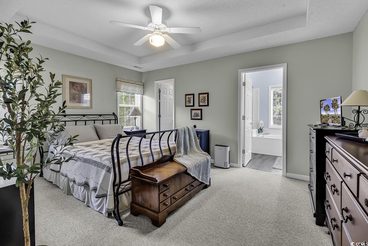86 Black River Road Myrtle Beach, SC 29588 - Photo 18 of 40 Bedroom featuring a tray ceiling, light carpet, baseboards, ensuite bathroom, and ceiling fan.