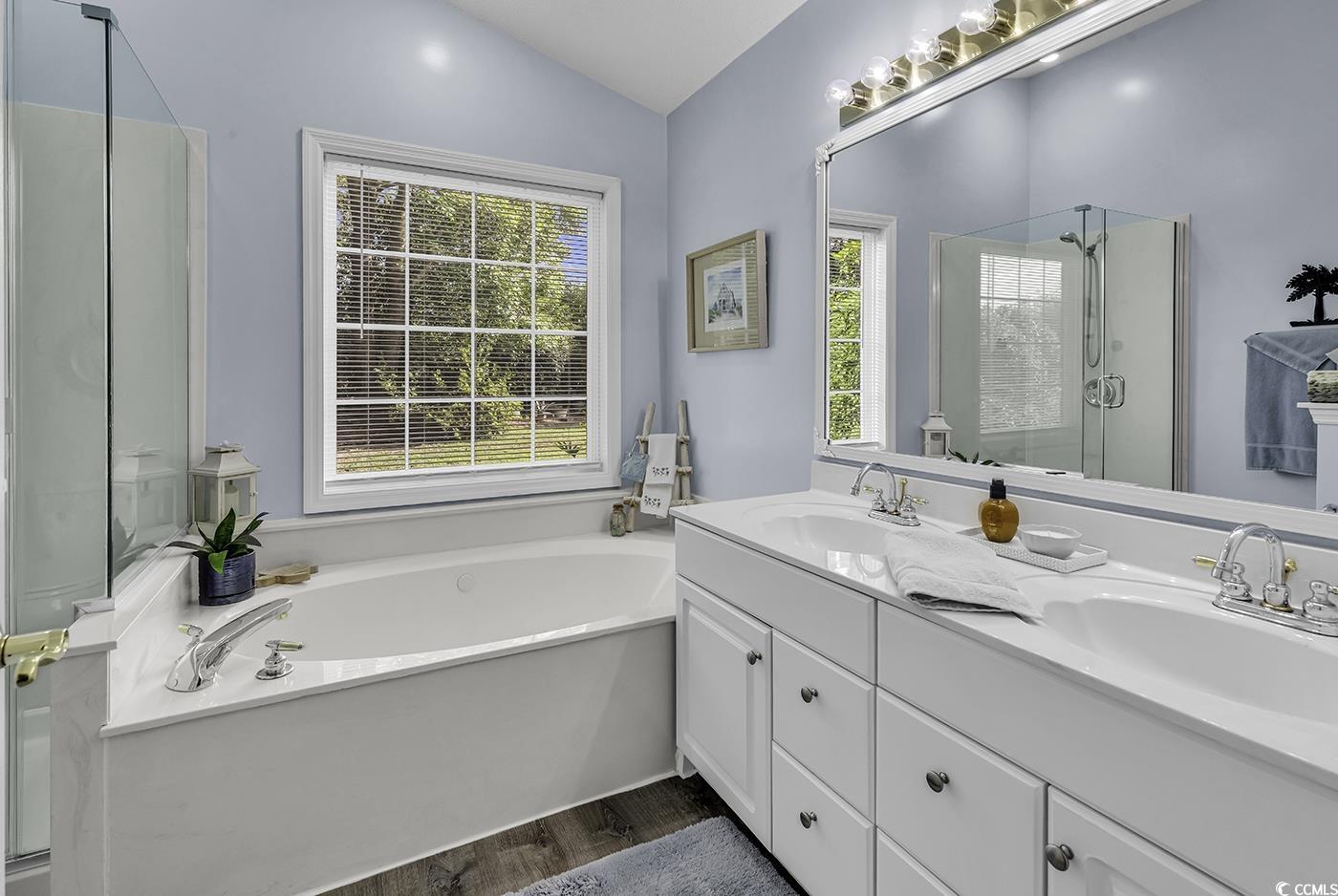 86 Black River Road Myrtle Beach, SC 29588 - Photo 19 of 40 Full bath featuring a shower stall, plenty of natural light, wood finished floors, lofted ceiling, and a bath,