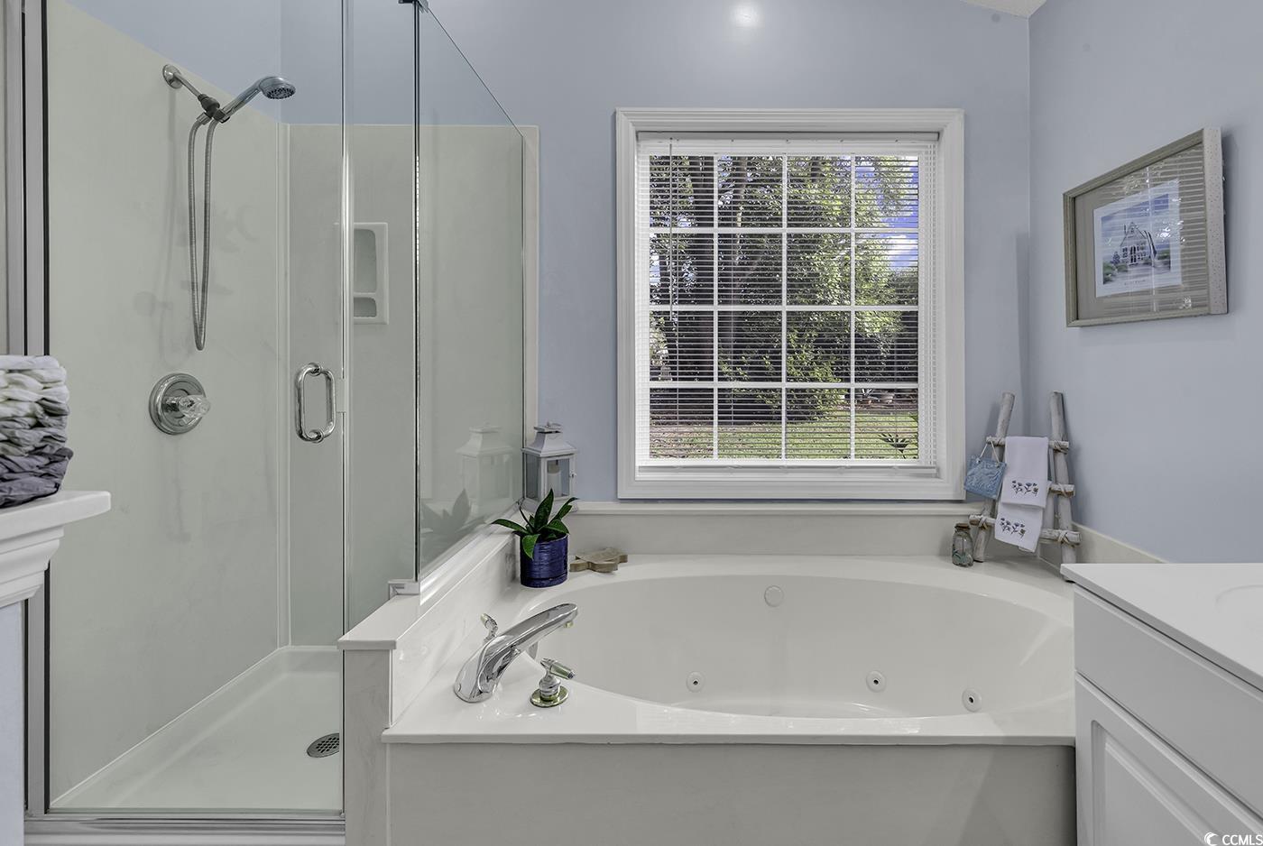 86 Black River Road Myrtle Beach, SC 29588 - Photo 20 of 40 Bathroom featuring a stall shower, a tub with jets, and vanity.