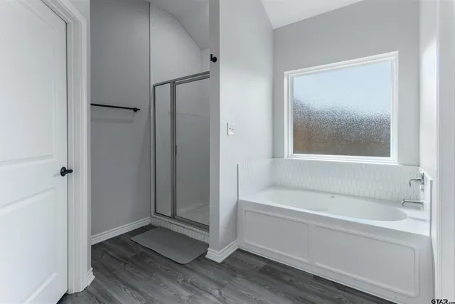 a bathroom with a bathtub and a shower