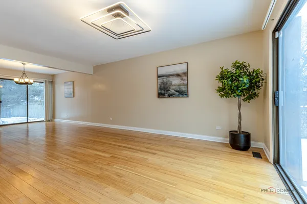 a view of a room with wooden floor and potted plant
