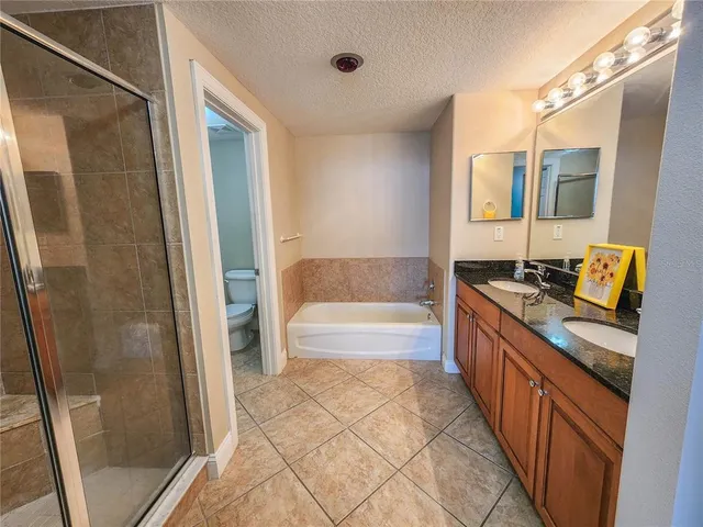 a bathroom with a tub a sink and a large mirror