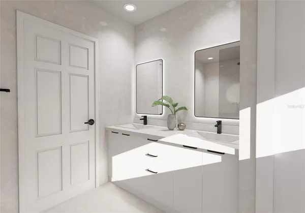 a bathroom with a double vanity sink and a mirror