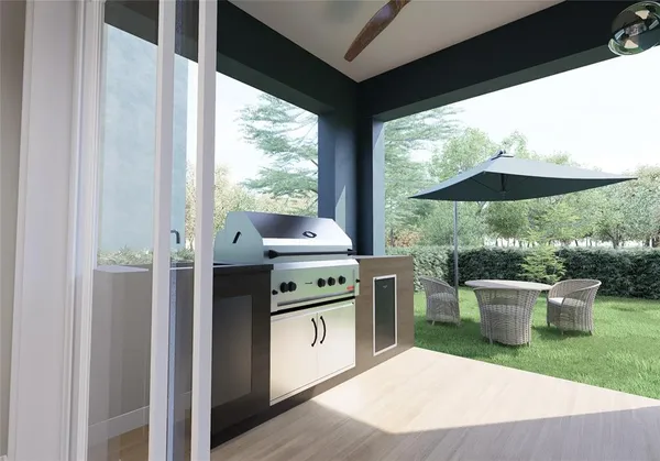 a kitchen view with a stove and a fireplace
