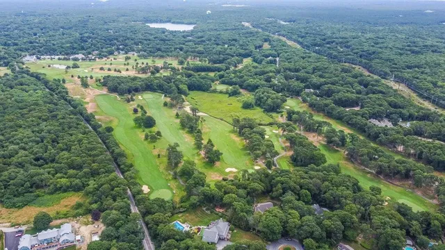 an aerial view of residential houses with outdoor space and trees