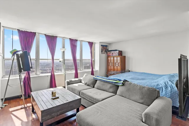 a bedroom with a bed a large window and walk in closet with a potted plant