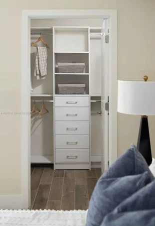 a living room with closet