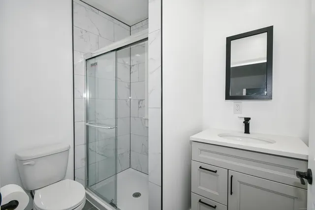 a bathroom with a shower a sink a toilet and mirror