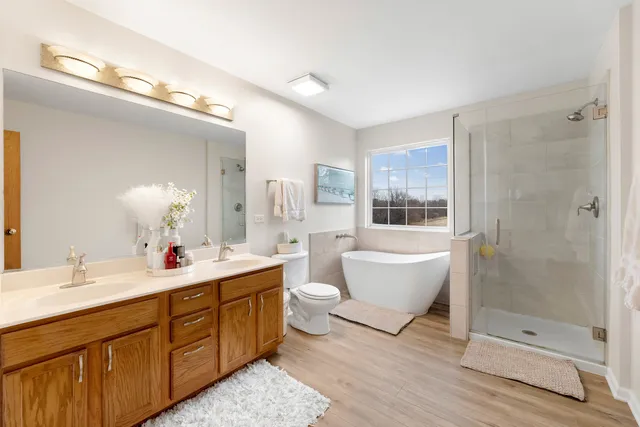 a bathroom with a double vanity sink a toilet a mirror and shower