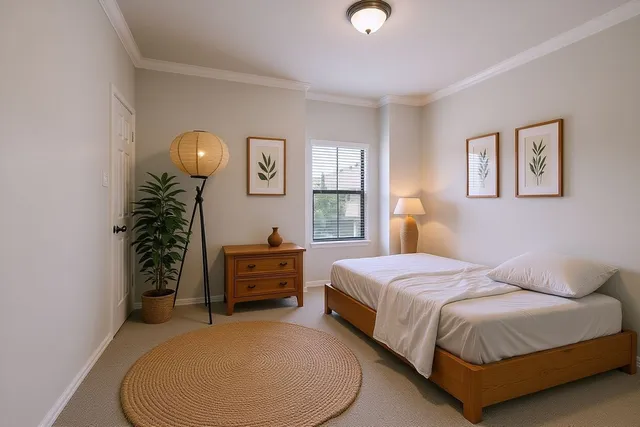 a spacious bedroom with a bed and dresser