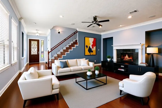 a living room with furniture flat screen tv and a fireplace