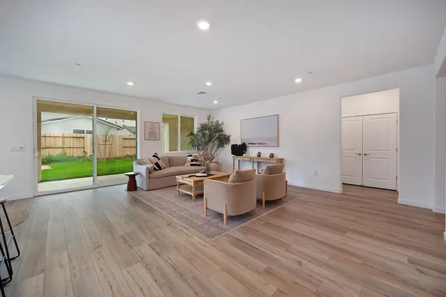 a living room with furniture and a potted plant