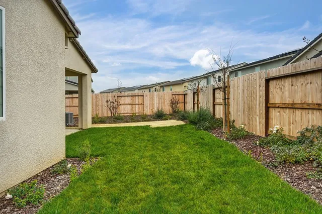 a view of a yard in front of a house with a large tree